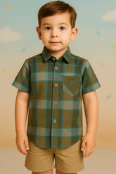 Boys Green Check Half Sleeves Shirt